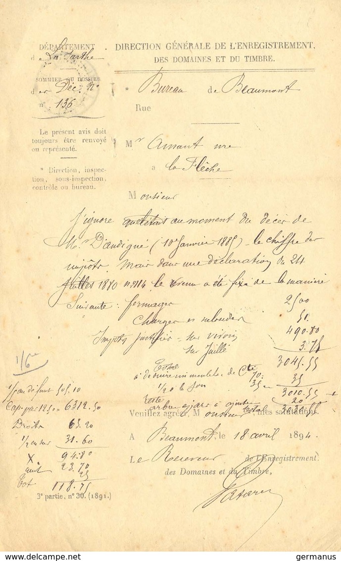 IMPRIMÉS PARIS PP64 Sur Doc. DIRECTION GÉNÉRALE DE L’ENREGISTREMENT BUREAU De BEAUMONT SARTHE Du 18-4-1894 - 1877-1920: Période Semi Moderne