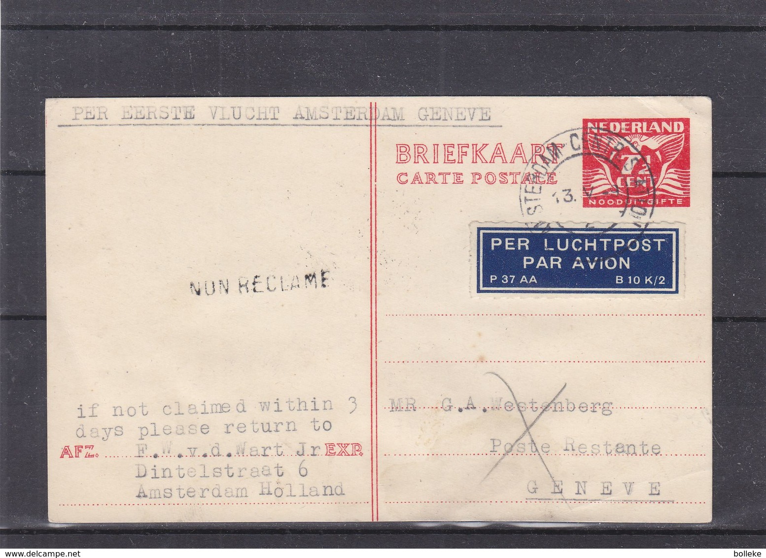 Pays Bas - Carte Postale De 1946 - Entier Postal -oblit Amsterdam Station - Exp Vers Genève-1 Er Vol Masterdam Genève - - Brieven En Documenten