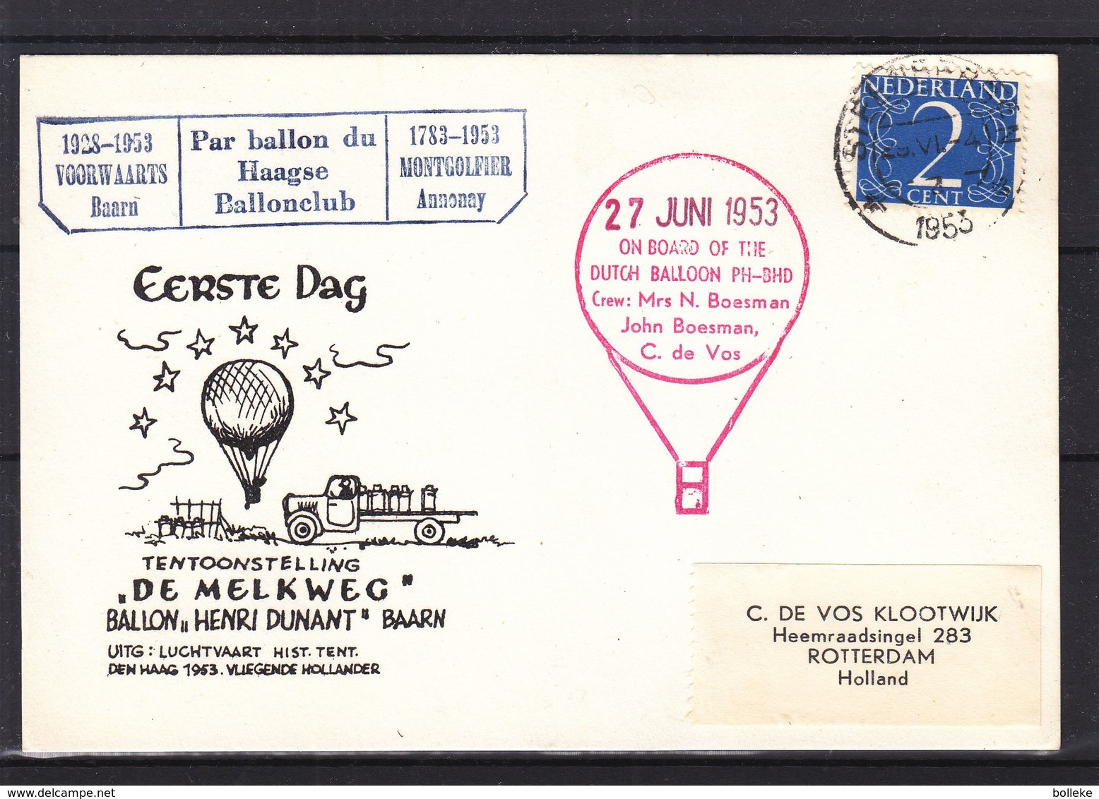 Pays Bas - Carte Postale De 1953 - Vol Par Ballon - Montgolfière - - Brieven En Documenten