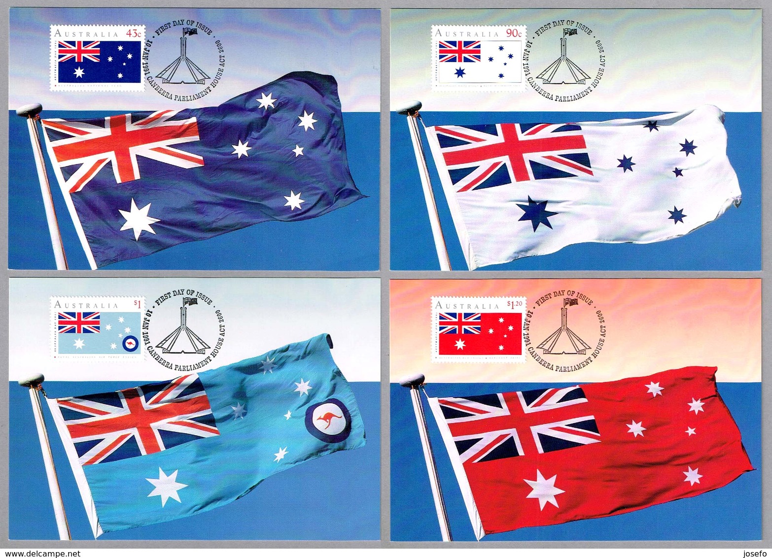 DIA DE AUSTRALIA 1991 - AUSTRALIA DAY - BANDERAS - FLAGS. Set 4 TM. Canberra Parliament House ACT, 1991 - Covers