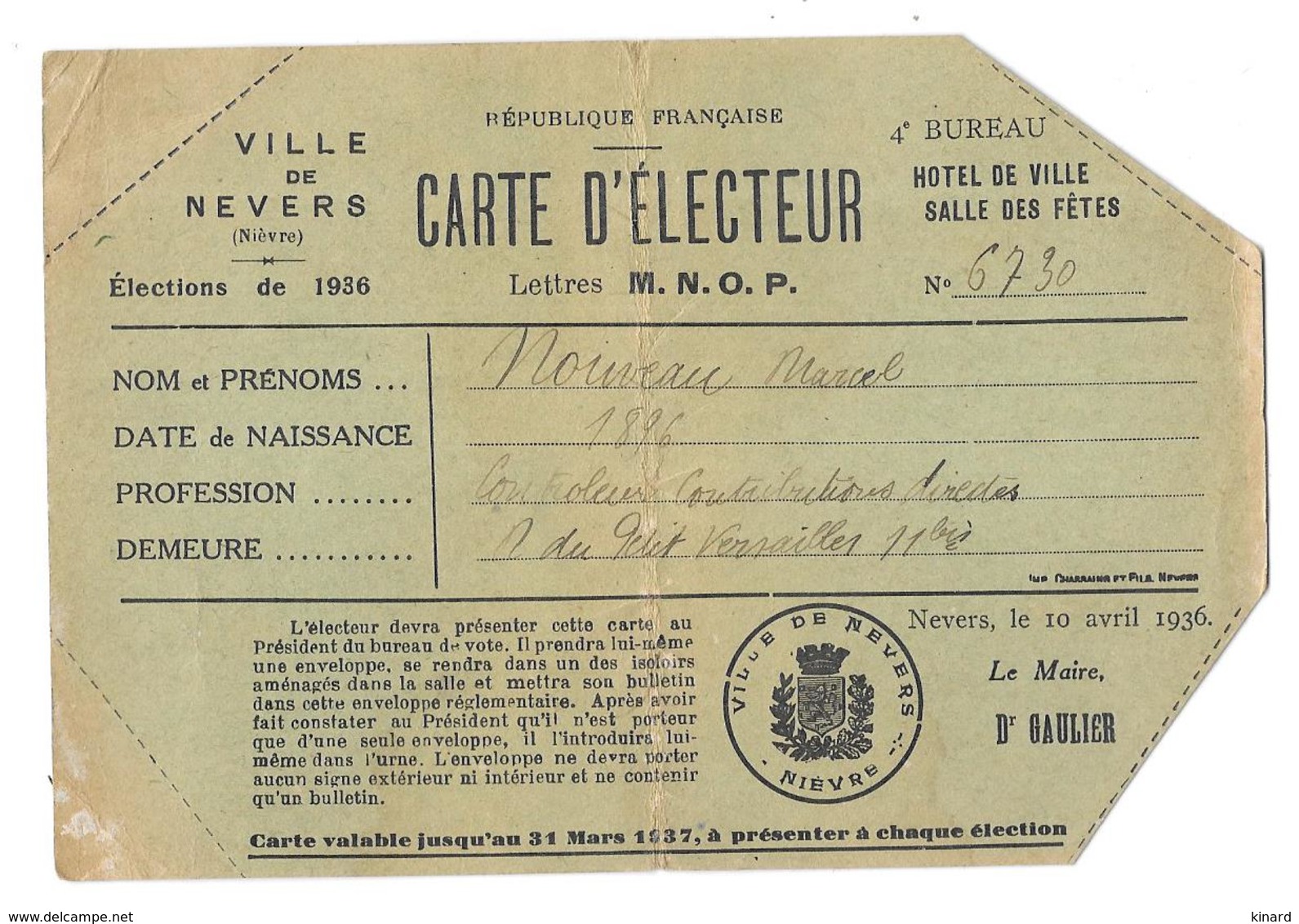 CARTE D'ELECTEUR..VILLE DE NEVERS..1936..VOIR..SCAN - Documents Historiques