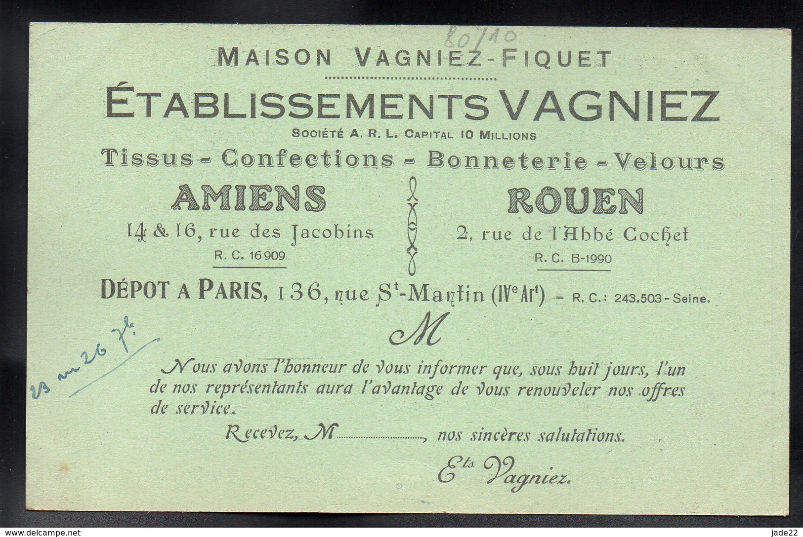 AMIENS 80 - Maison E. VAGNIEZ - Rue Des Jacobins - Carte Pub - #B657 - Amiens