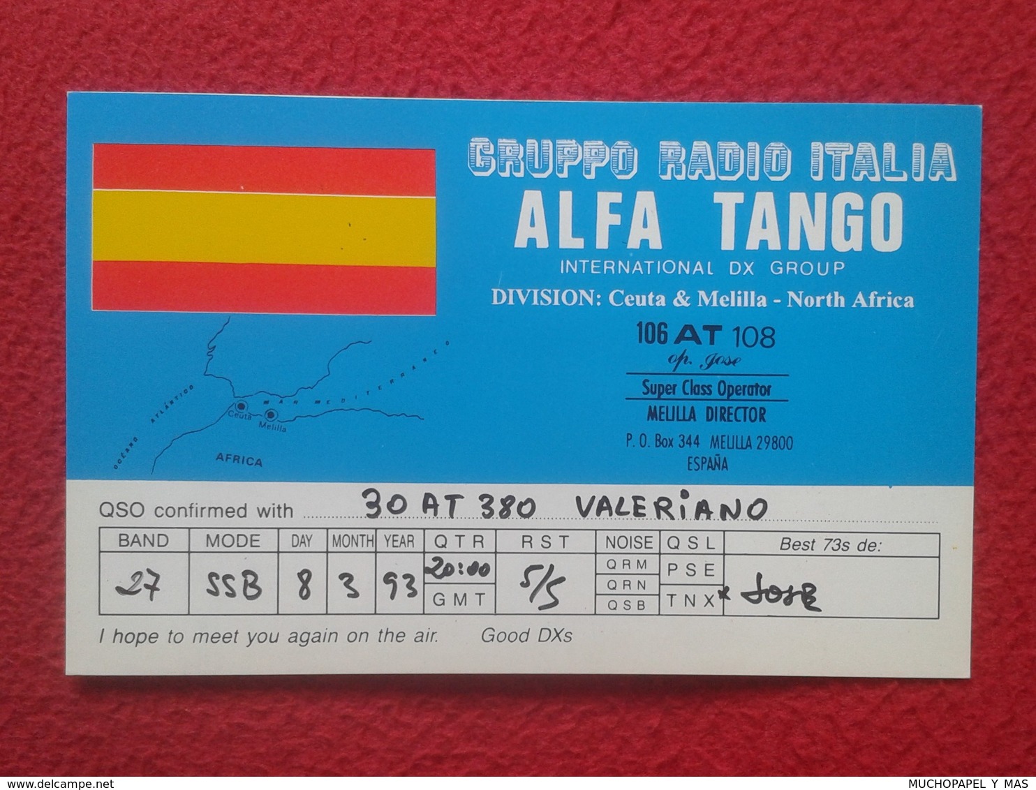 TARJETA TIPO POSTAL TYPE POST CARD QSL RADIOAFICIONADOS RADIO AMATEUR ALFA TANGO ITALIA SPAIN CEUTA MELILLA NORTH AFRICA - Otros & Sin Clasificación