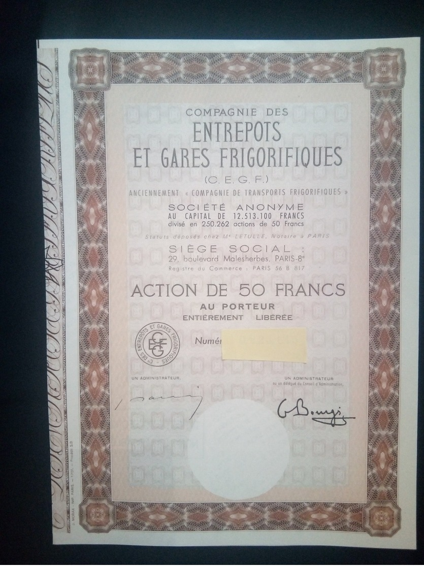 1 Cie Des Entrepots Et GARES Frigorifiques "C.E.G.F) Action (Titres Annulé Bon Pour La Collection) + Coupons - Autres & Non Classés