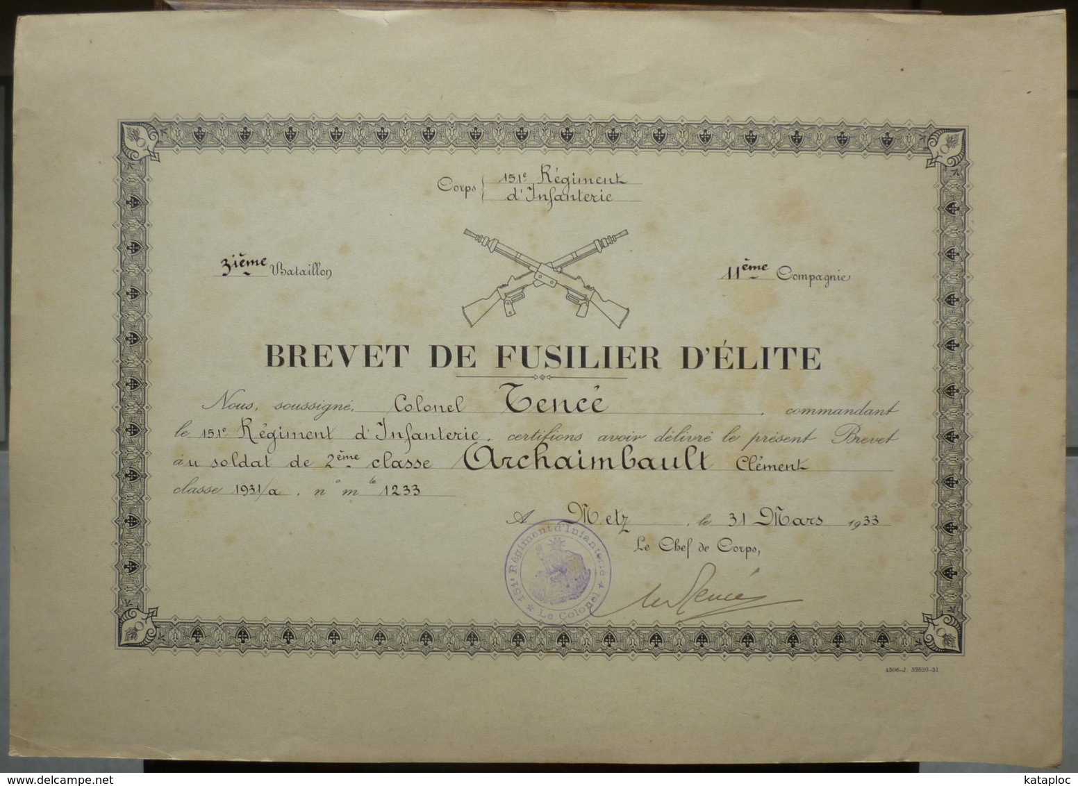 DIPLOME BREVET DE FUSILIER D' ELITE  - 151 ème REGIMENT INFANTERIE - MILITARIA - 1933 - Documents