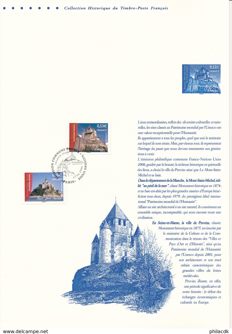 FRANCE - DOCUMENT OFFICIEL NATIONS UNIES MONT SAINT MICHEL PROVINS CAD 17/6/2006 - Documents Of Postal Services