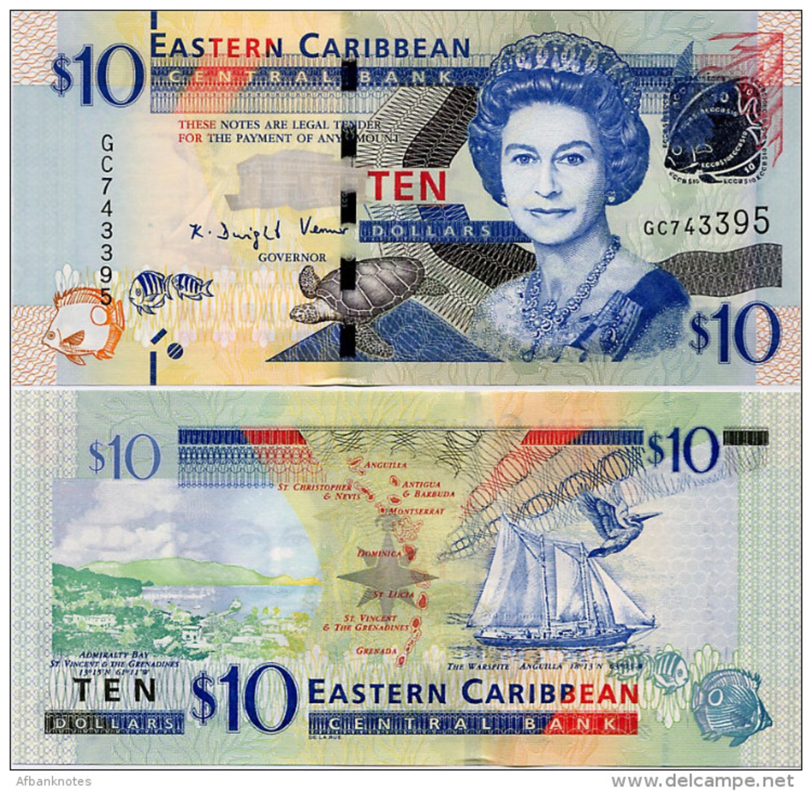 EAST CARIBBEAN STATES       10 Dollars       P-52b        ND (2015)      UNC - Caraibi Orientale