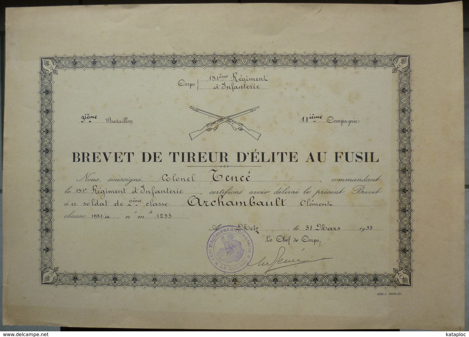 DIPLOME BREVET DE TIREUR D' ELITE AU FUSIL - 151 ème REGIMENT INFANTERIE - MILITARIA - 1933 - Dokumente