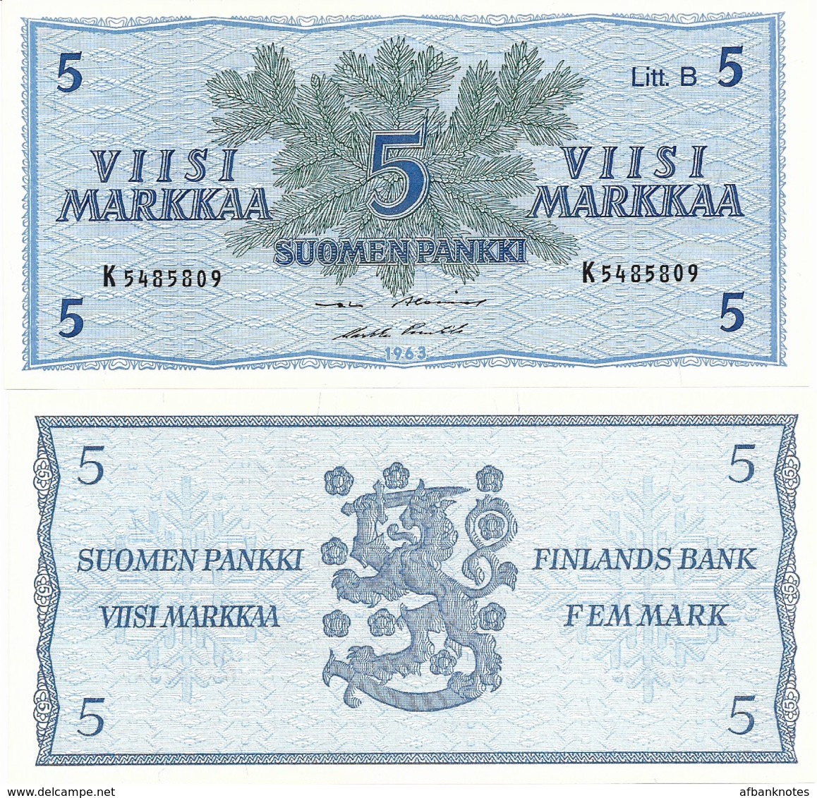 FINLAND       5 Markkaa       P-106Aa       1963        UNC  [sign. Alenius - Puntila] - Finlandia