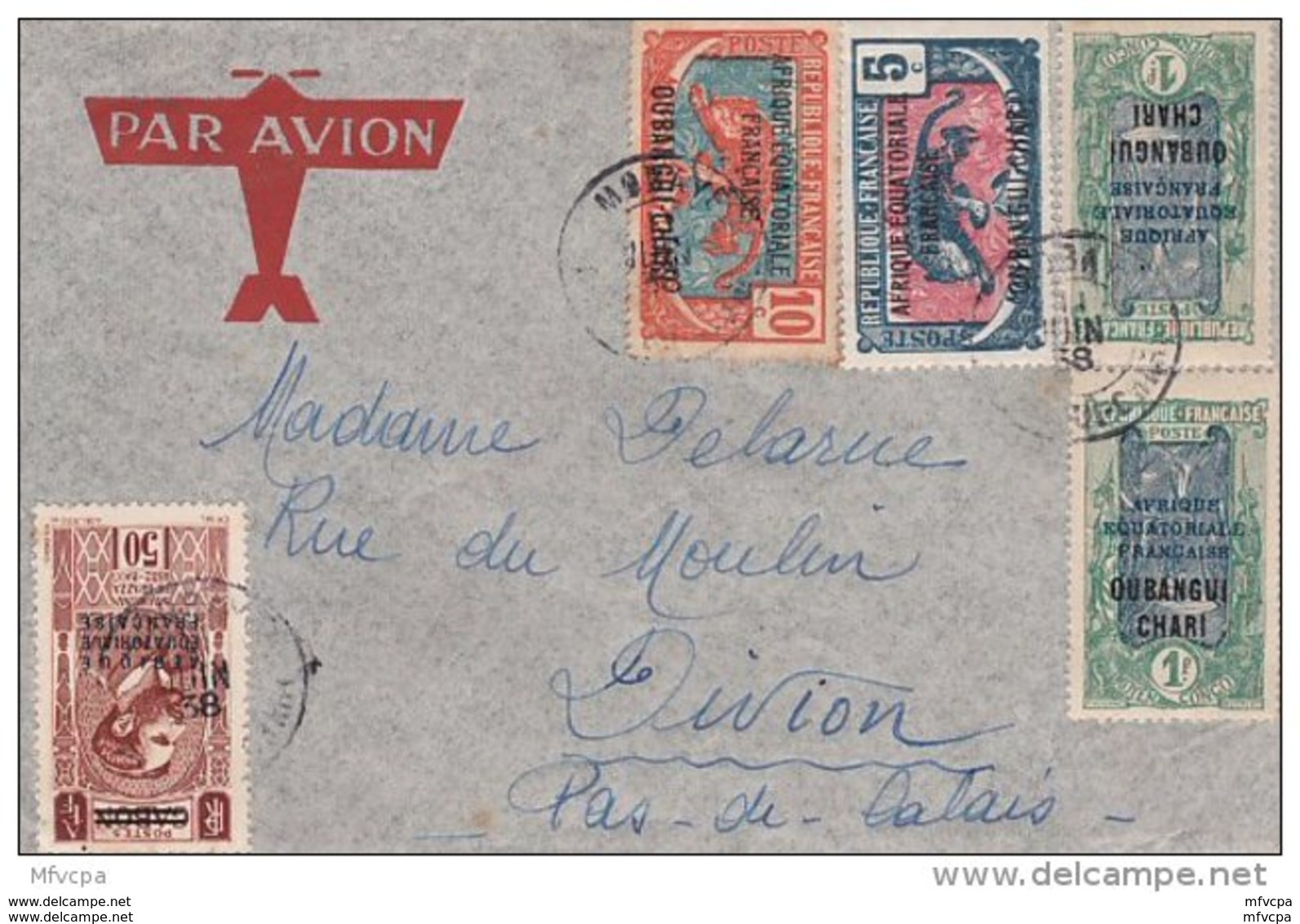 L4C026 OUBANGUI CHARI  YvT 63, 46 Paire V 60 , 46 + AEF 50c /Lettre Mobaye Oubangui Chari 11 06 1938 Pour Divion  PdC - Storia Postale