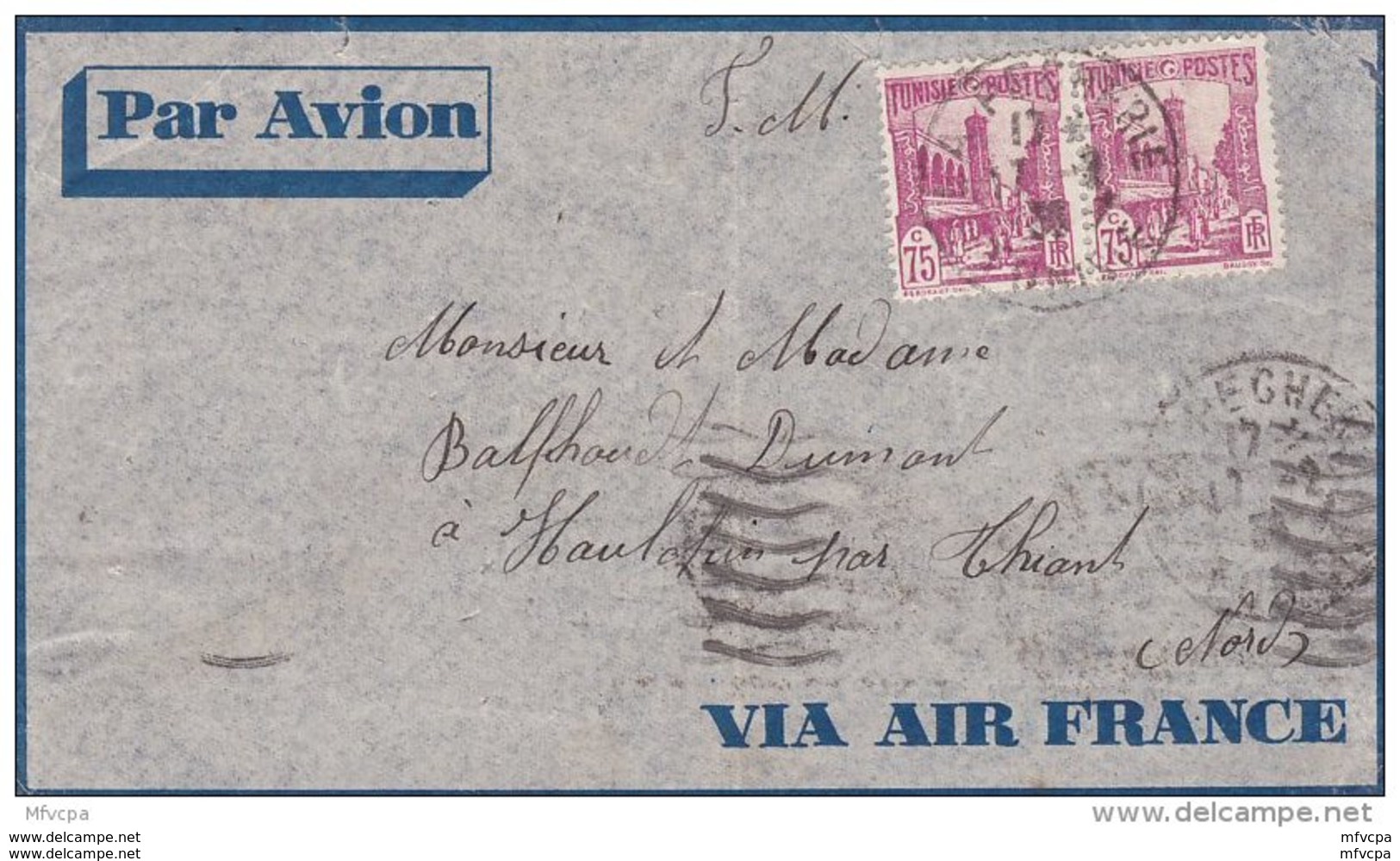 L4C073 TUNISIE LettrePA Paire 75c YvT 172/ Cad La Pecherie 17 02 1936 Pour Haulchin Nord - Storia Postale