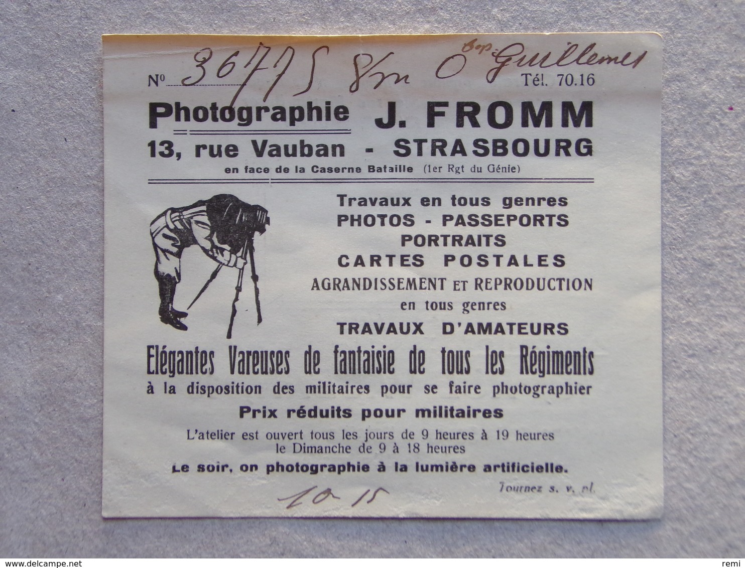 POCHETTE Publicitaire Protège Photo J.Fromm 13 Rue Vauban à Strasbourg En Face La Caserne Bataille 1er Régiment Du Génie - Matériel & Accessoires