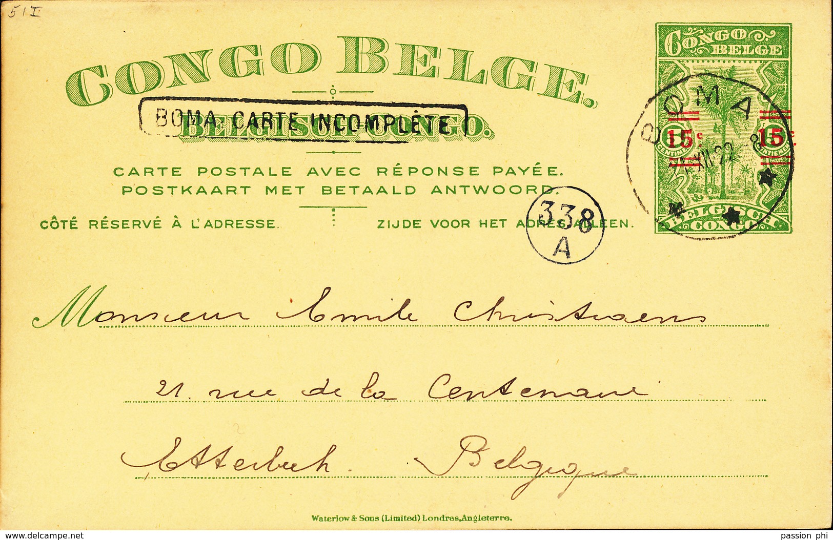 BELGIAN CONGO PS STIBBE 49 ANSWER "BOMA CARTE INCOMPLETE" USED FROM BOMA  TO BRUSSELS - Enteros Postales