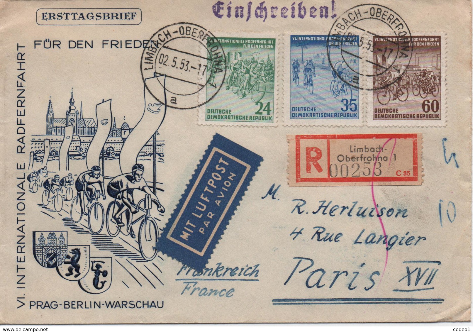 LETTRE RECOMMANDEE DE LIMBACH A PARIS  1953 - Covers & Documents