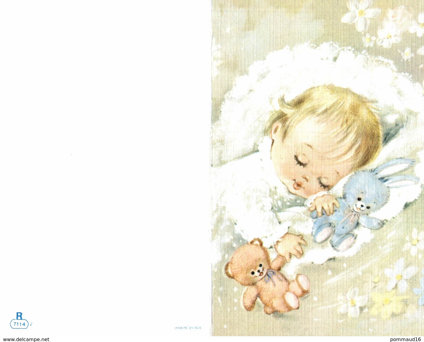 Faire-part De Naissance : Petit Enfant Dormant Avec Doudou Lapin Et Doudou Ours - Double - Gaufré - Naissance & Baptême