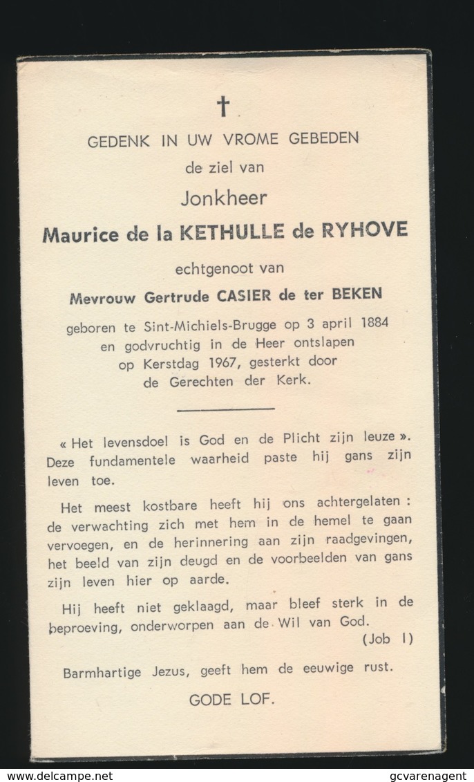 ADEL NOBLESSE  MAURICE De La KETHULLE De RYHOVE - ST. MICHEL BRUGES 1884 - 25 DEC 1967 - Overlijden