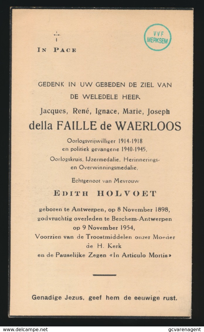 ADEL NOBLESSE  JACQUES Della FAILLE De WAERLOOS - ANTWERPEN 1898  BERCHEM ANTW. 1954 - Overlijden