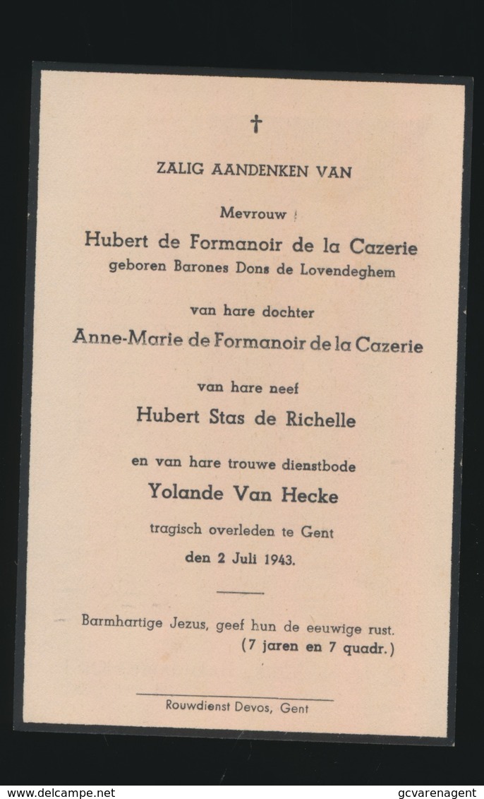 ADEL NOBLESSE  BARONES DONS De LOVENDEGEM - ANNE MARIE De FORMANOIR De La CAZERIE - H.STAS DE RICHELLE - ZIE AFBEELDING - Décès