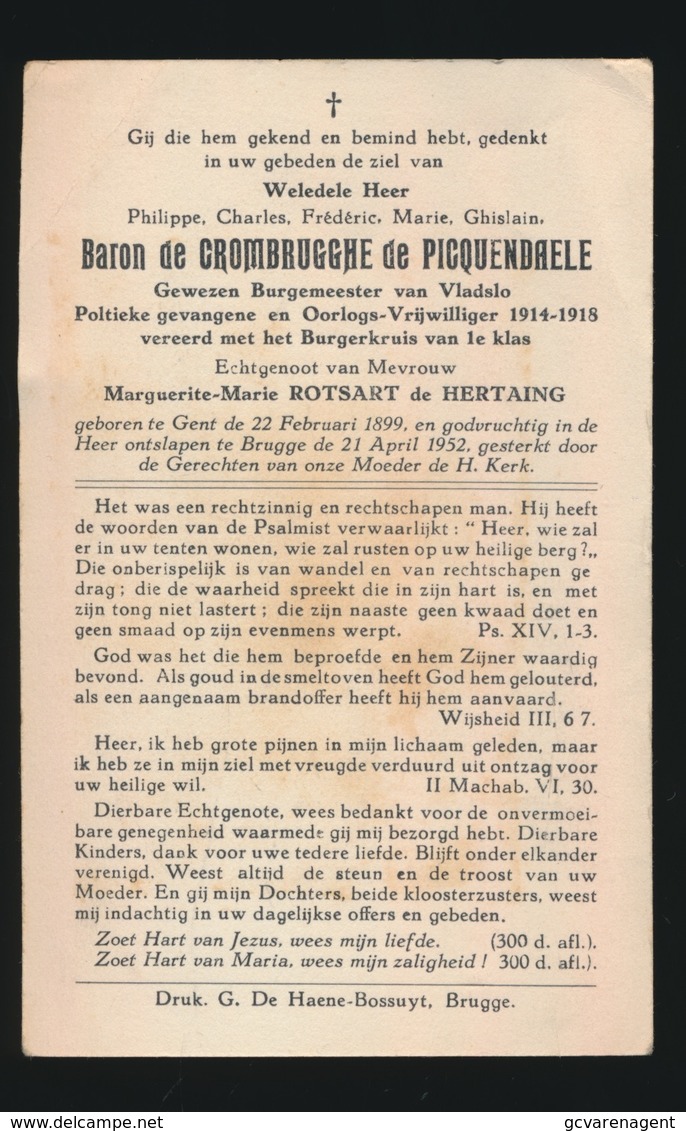 ADEL NOBLESSE  BARON PHILIPPE De CROMBRUGGHE De PICQUENDAELE - BURGEMEESTER VLADSLO - GENT 1899 - BRUGGE 1952 - Overlijden