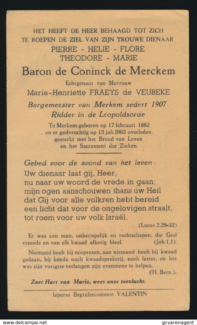 ADEL NOBLESSE  BARON PIERRE De CONINCK De MERCKEM - BURGEMEESTER MERKEM - MERKEM 1882 - 1963 - Overlijden