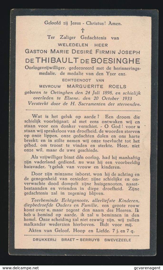 ADEL NOBLESSE  GASTON De THIBAULT De BOESINGHE - OETINGHEN 1898 - ELSENE 1933 - Overlijden