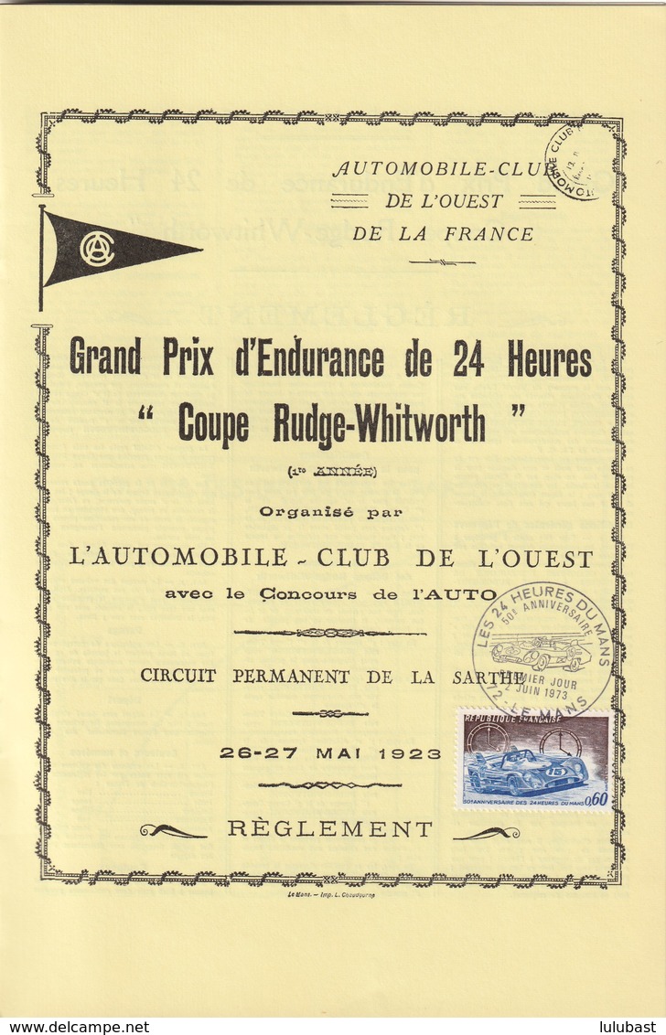 Catalogue De L'Automobile-Club De L'Ouest Pour 50 Ans Des 24h. Du MANS (12p.) T. à D. / 1761 Sur Feuillet "Coupe Rudge. - Automobile - F1