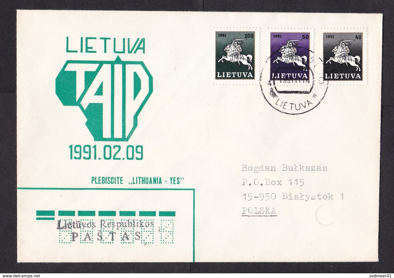 Lithuania: Illustrated Cover To Poland, 1991, 3 Stamps, Knight, Plebiscite Independence Yes (traces Of Use) - Lithuania