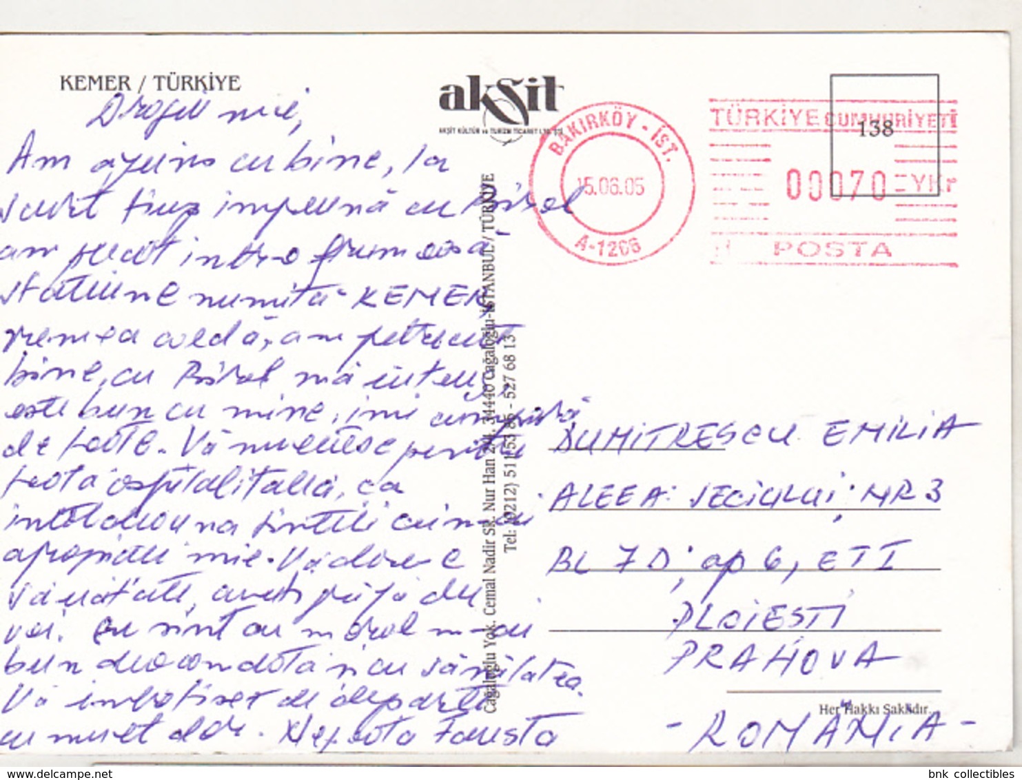 Turkey 2005 Postcard Circulated Letter To Romania - Postage Meter Stamp - Briefe U. Dokumente