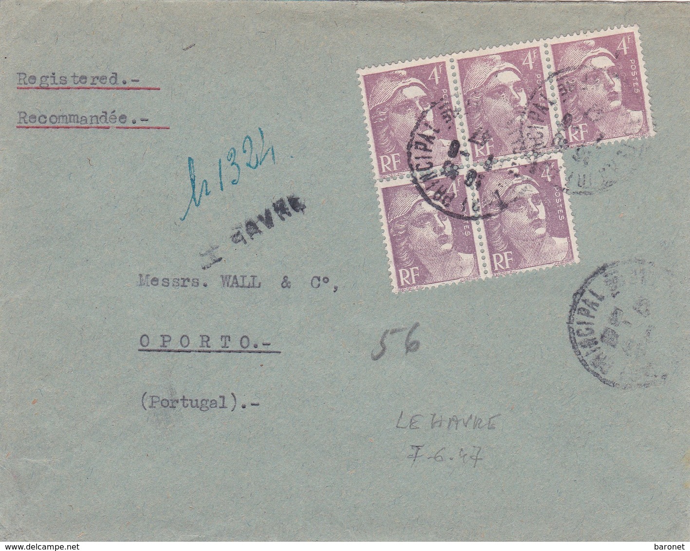 4f Gandon X 5 S / Env Recommandée Provisoire T.P. Ob Le Havre 7 6 47 Pour Porto Portugual - 1945-54 Marianne (Gandon)