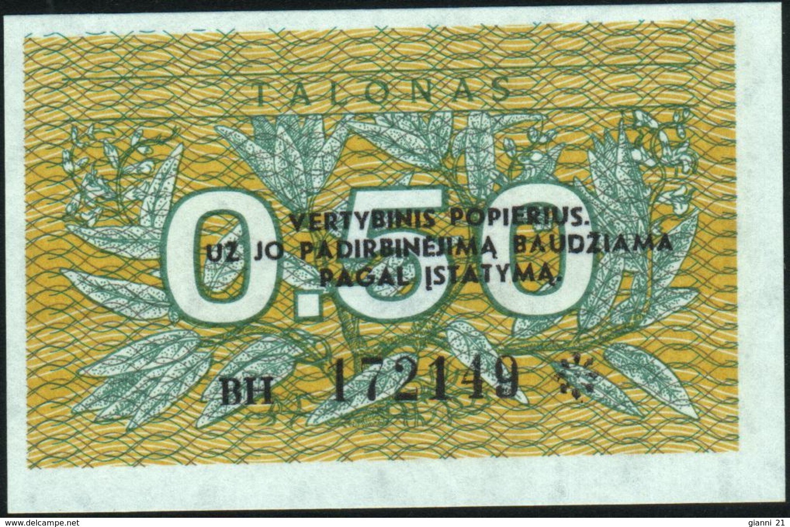 LITHUANIA - 0,50 Talonas 1991 {Lietuvos Respublika} UNC P.31 B - Litouwen