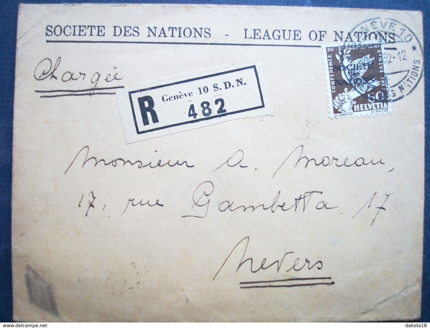 Rare Timbre Sur Enveloppe , Suisse ,1 Timbre 1932...chargée.enveloppe Société Des Nation,envoyée à Paris..75 - Collections