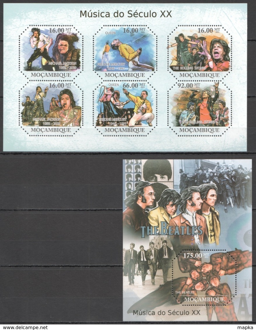 BC1004 2011 MOZAMBIQUE MOCAMBIQUE MUSIC OF XX CENTURY JACKSON MERCURY BEATLES 1KB+1BL MNH - Musique