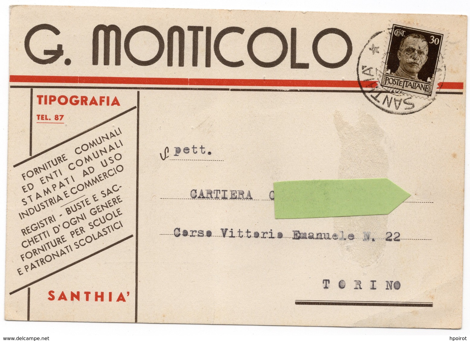 SANTHIA' - CARTOLINA COMMERCIALE TIPOGRAFIA G. MONTICOLO - FORMATO GRANDE NON LUCIDA - VIAGGIATA 1940 - (rif. A09) - Vercelli