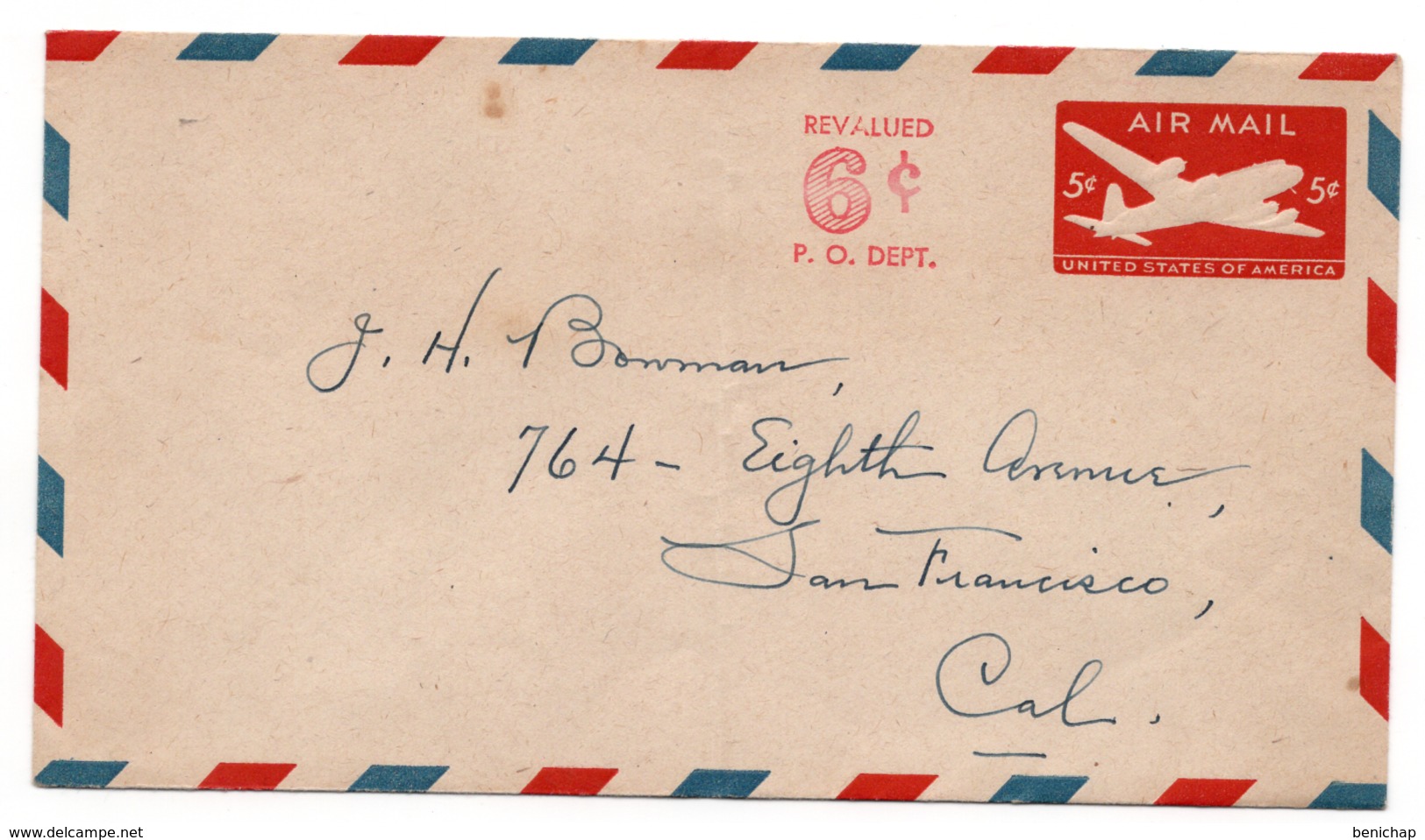 (R25) SCOTT UC 14 - SKYMASTER - REVALUED 6cts P.O.DEPT. - SAN FRANSCISCO - 1949. - - 2c. 1941-1960 Storia Postale