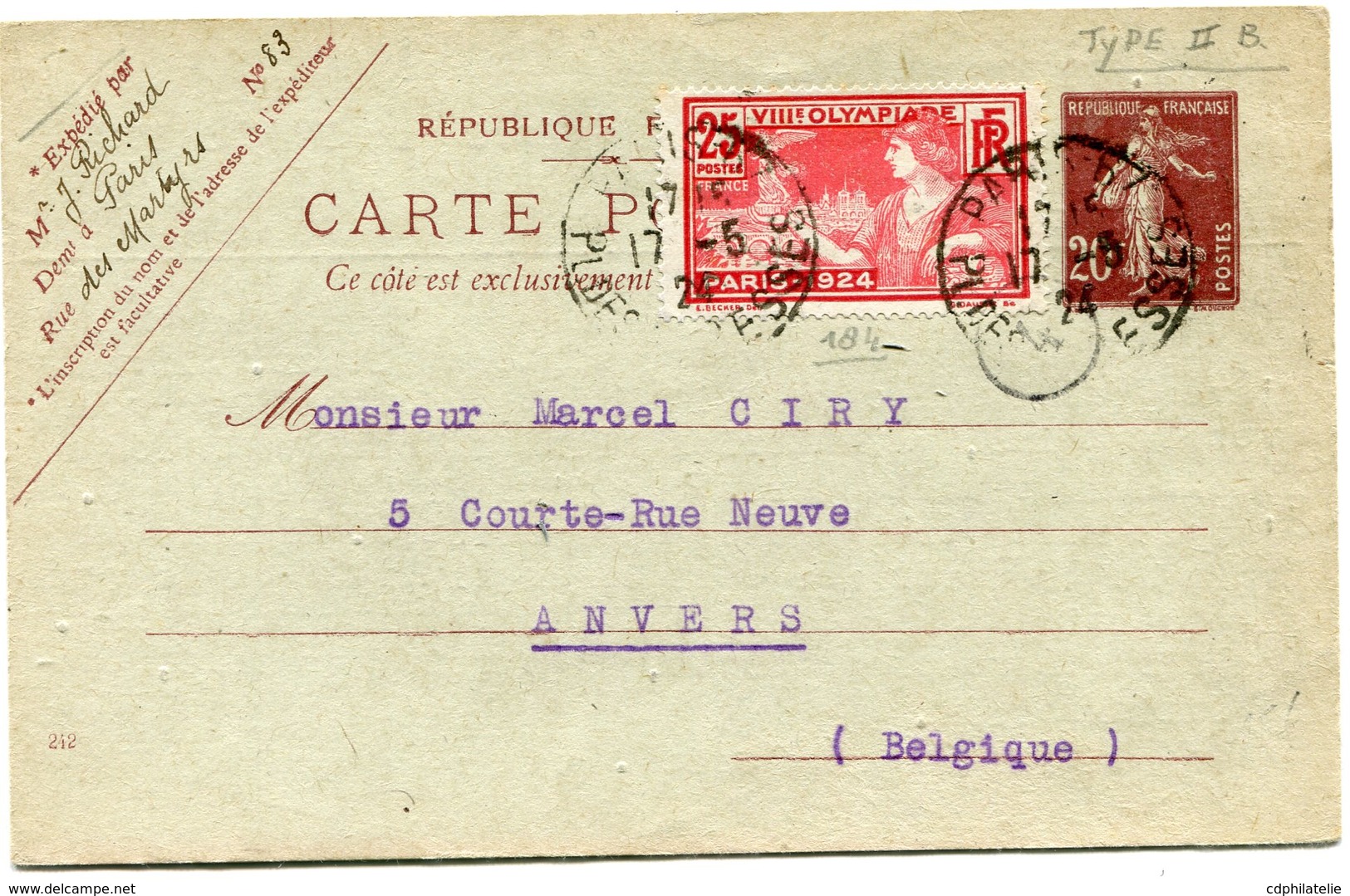 FRANCE THEME JEUX OLYMPIQUES ENTIER POSTAL AVEC AFFR. COMPLEMENTAIRE DEPART PARIS 17-5-24 POUR LA BELGIQUE - Estate 1924: Paris