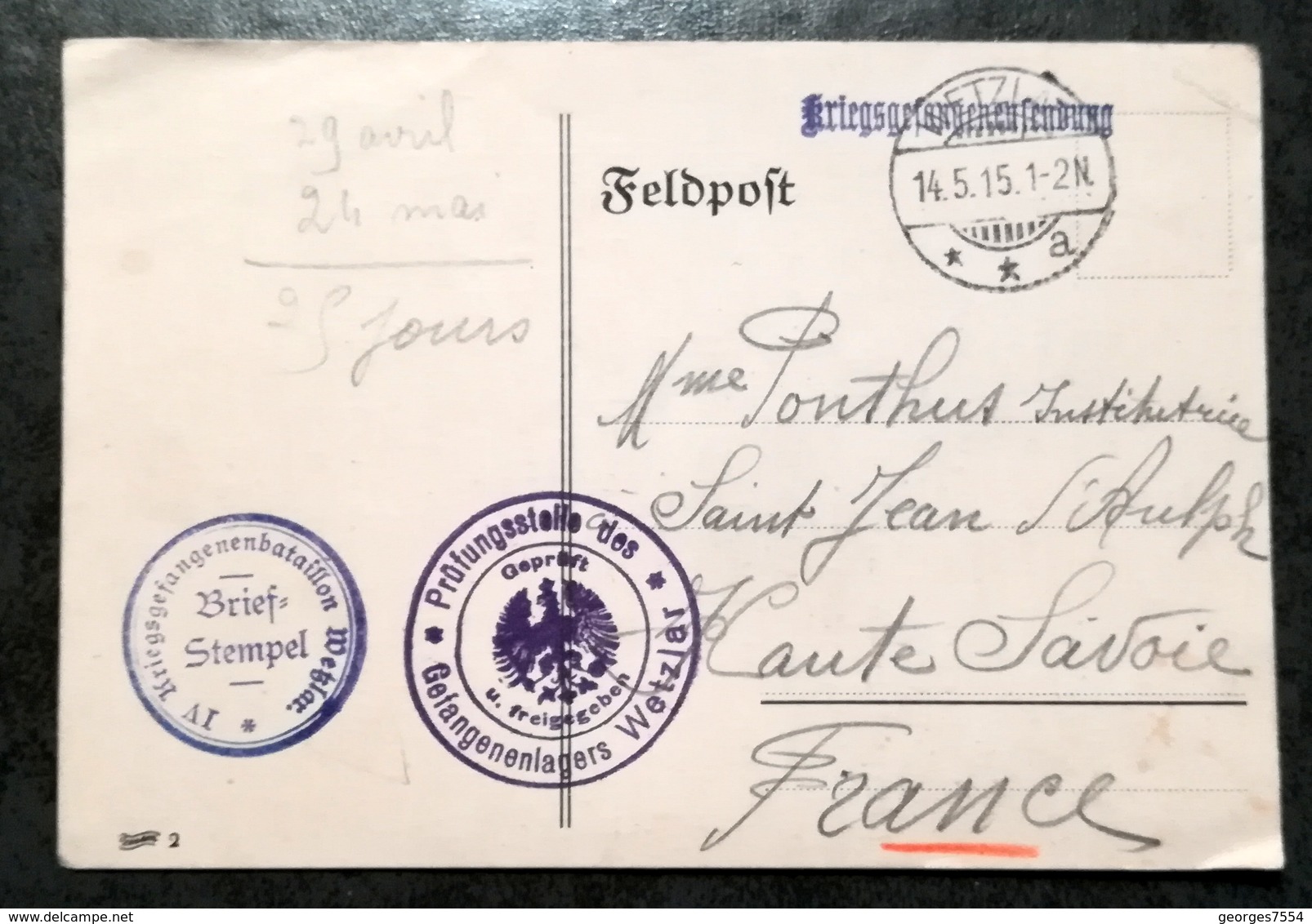 Feldpostkarte - F.A. Kriegsgetangenensendung  1915 - GIESSEN à THONON LES BAINS - Lettres & Documents