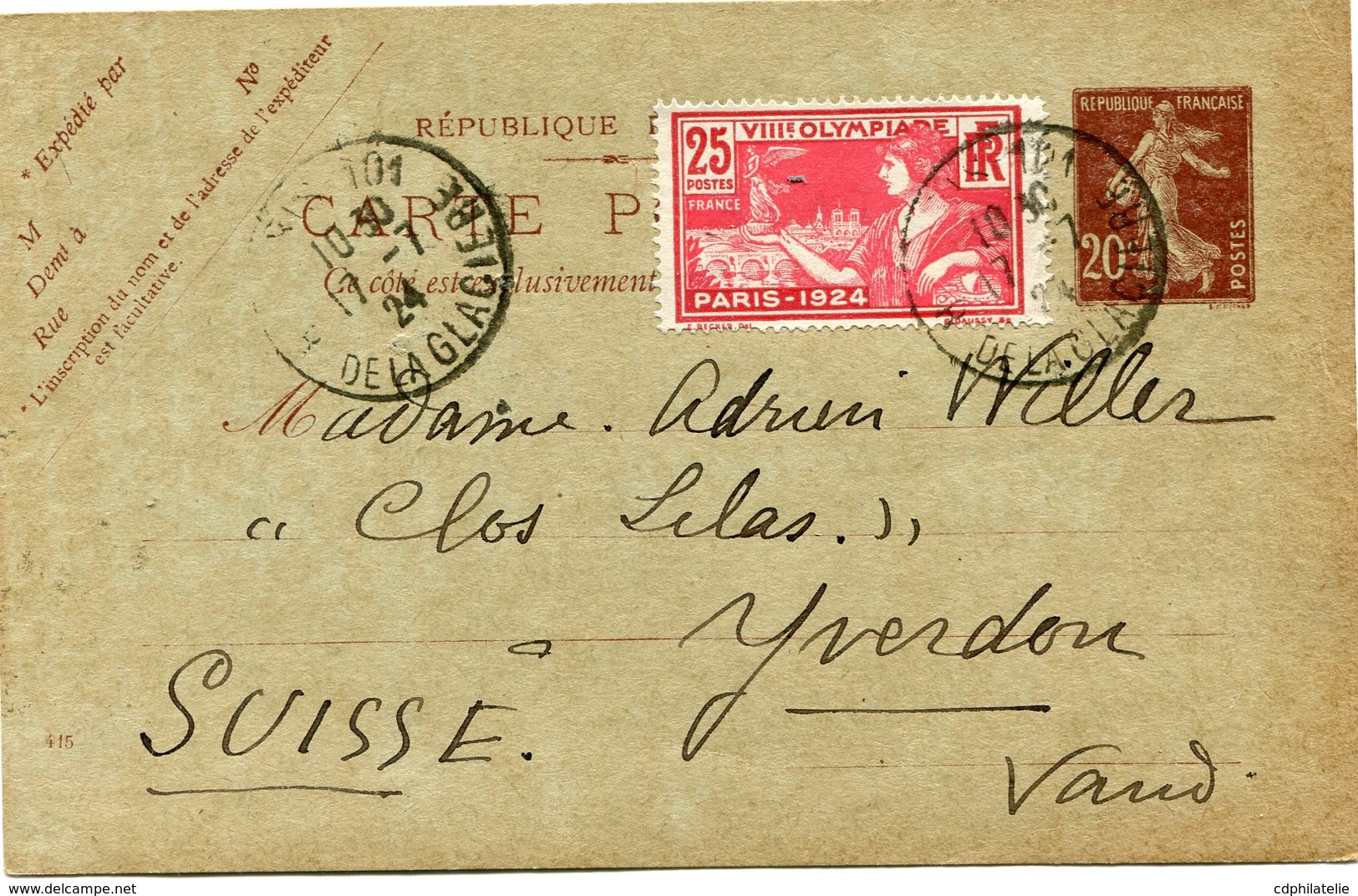 FRANCE THEME JEUX OLYMPIQUES ENTIER POSTAL AVEC AFFR. COMPLEMENTAIRE DEPART PARIS 17-7-24 POUR LA SUISSE - Verano 1924: Paris