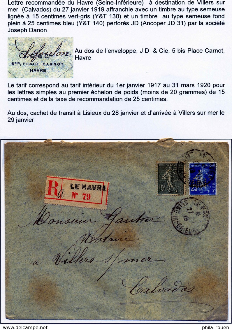 Enveloppe Recommandée Le Havre 1919 Perforés JD 31 - Autres & Non Classés