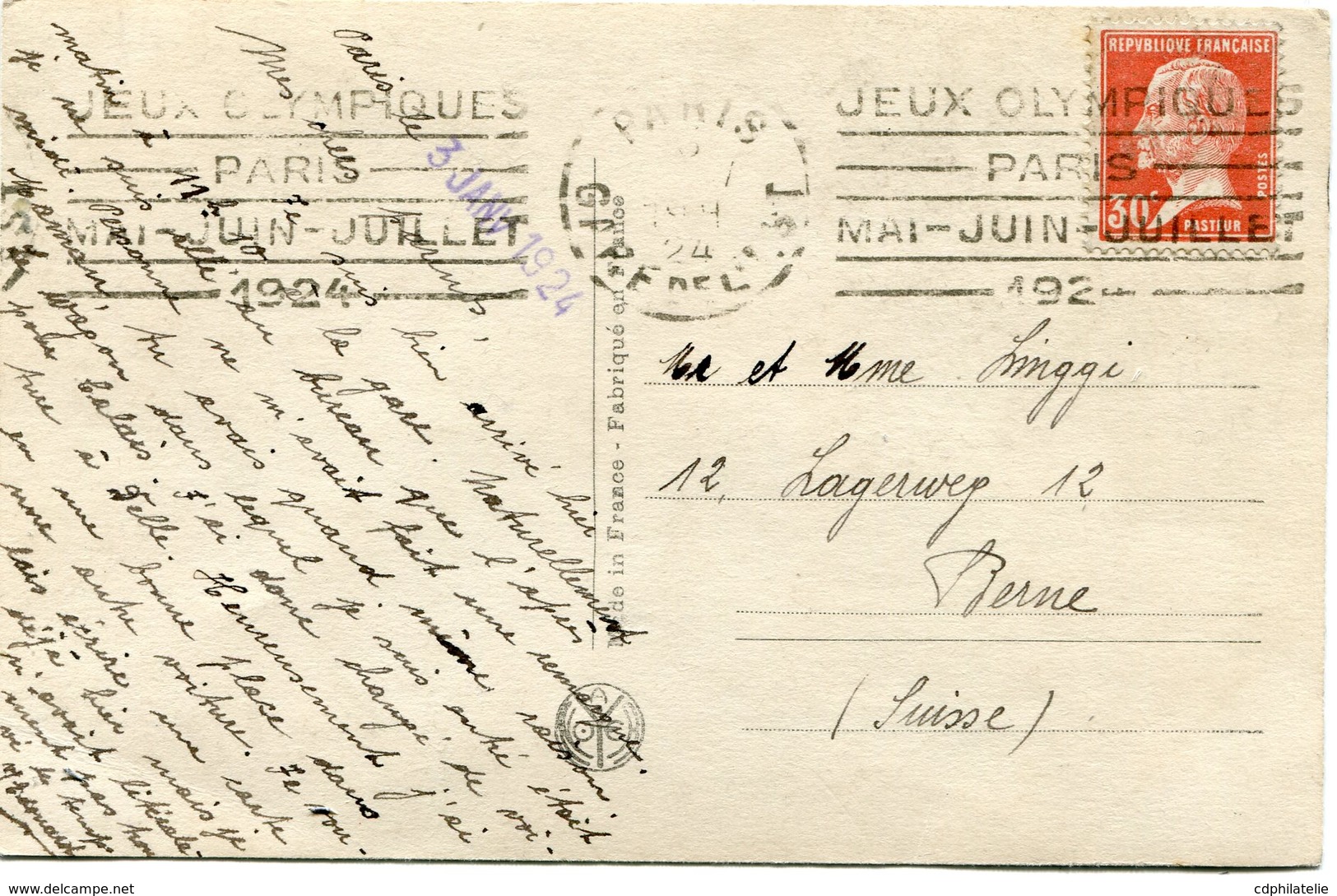 FRANCE THEME JEUX OLYMPIQUES CARTE POSTALE DEPART PARIS 3 JANV 24 AVEC FLAMME JEUX OLYMPIQUES PARIS.......POUR LA SUISSE - Zomer 1924: Parijs