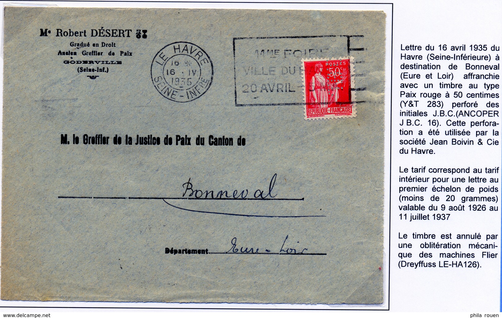 Enveloppe Le Havre 1935 Perforé JBC 16 - Other & Unclassified