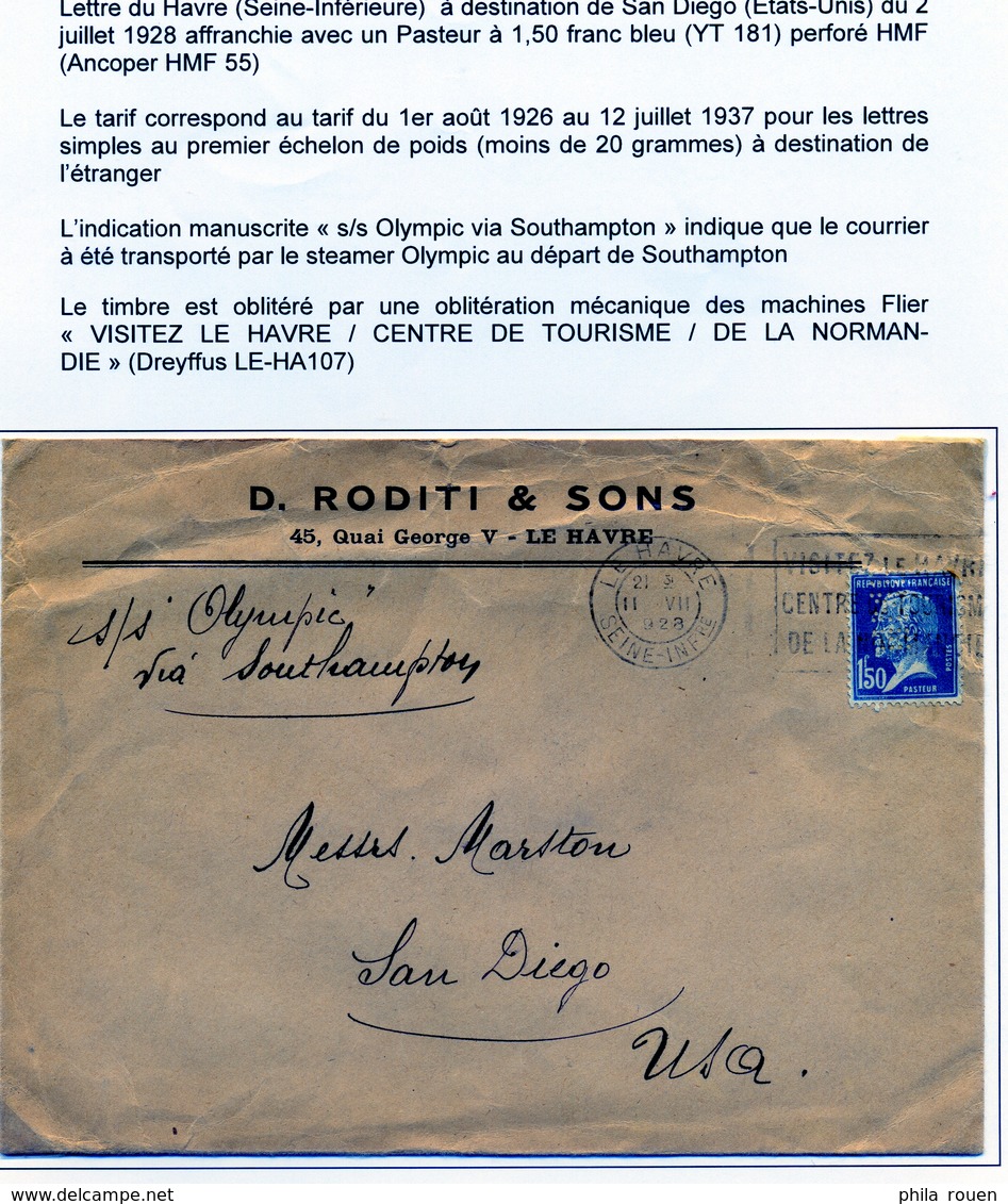 Enveloppe Le Havre 1928 Perforé HMF 55 - Other & Unclassified