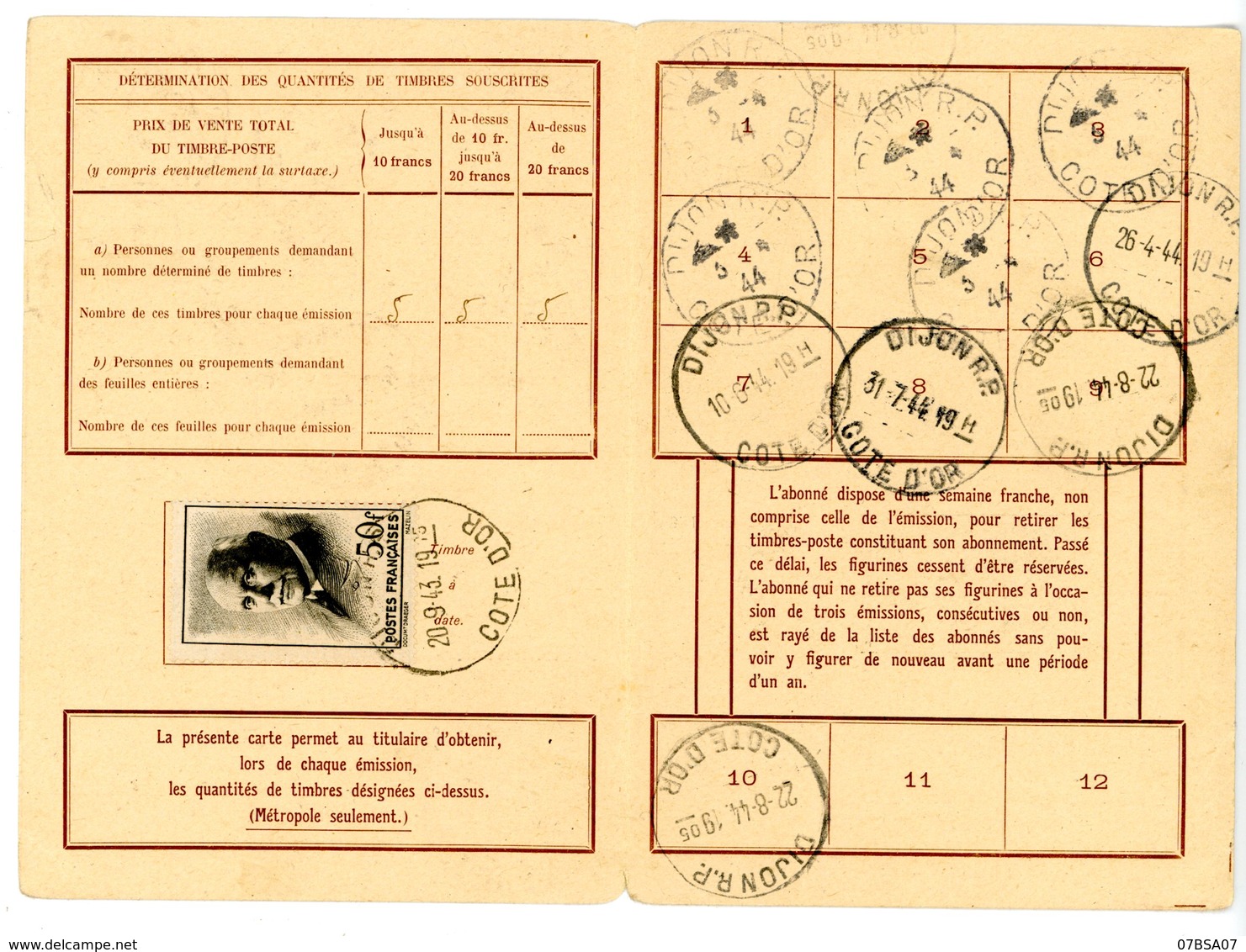 COTE D'OR PETAIN N°525 SEUL SUR CARTE ABONNEMENT TP 1943 DIJON - 1921-1960: Période Moderne