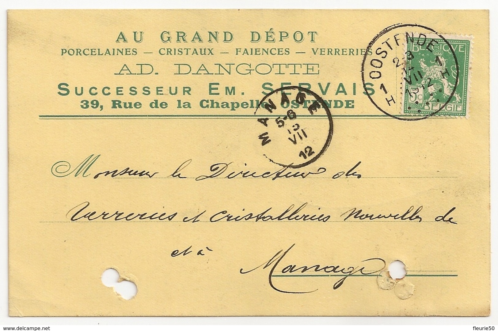 CARTE POSTALE (Entier Postal) Au Grand Dépôt Ad. Dangotte à Ostende. Oblitération Oostende Et Manage 1912. - Ohne Zuordnung