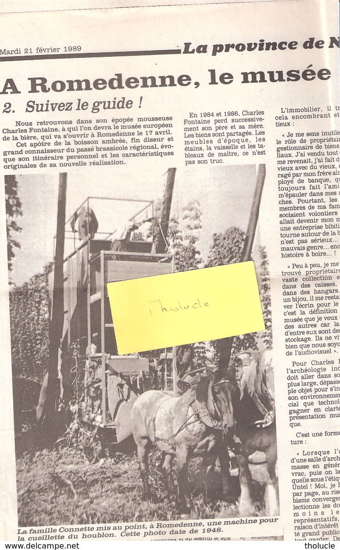 Article De Presse-1989-Romedenne-Musée Européen De La Brasserie-Brasseur Bouty-Cornette, Machine Cueillette Du Houblon - Sonstige & Ohne Zuordnung