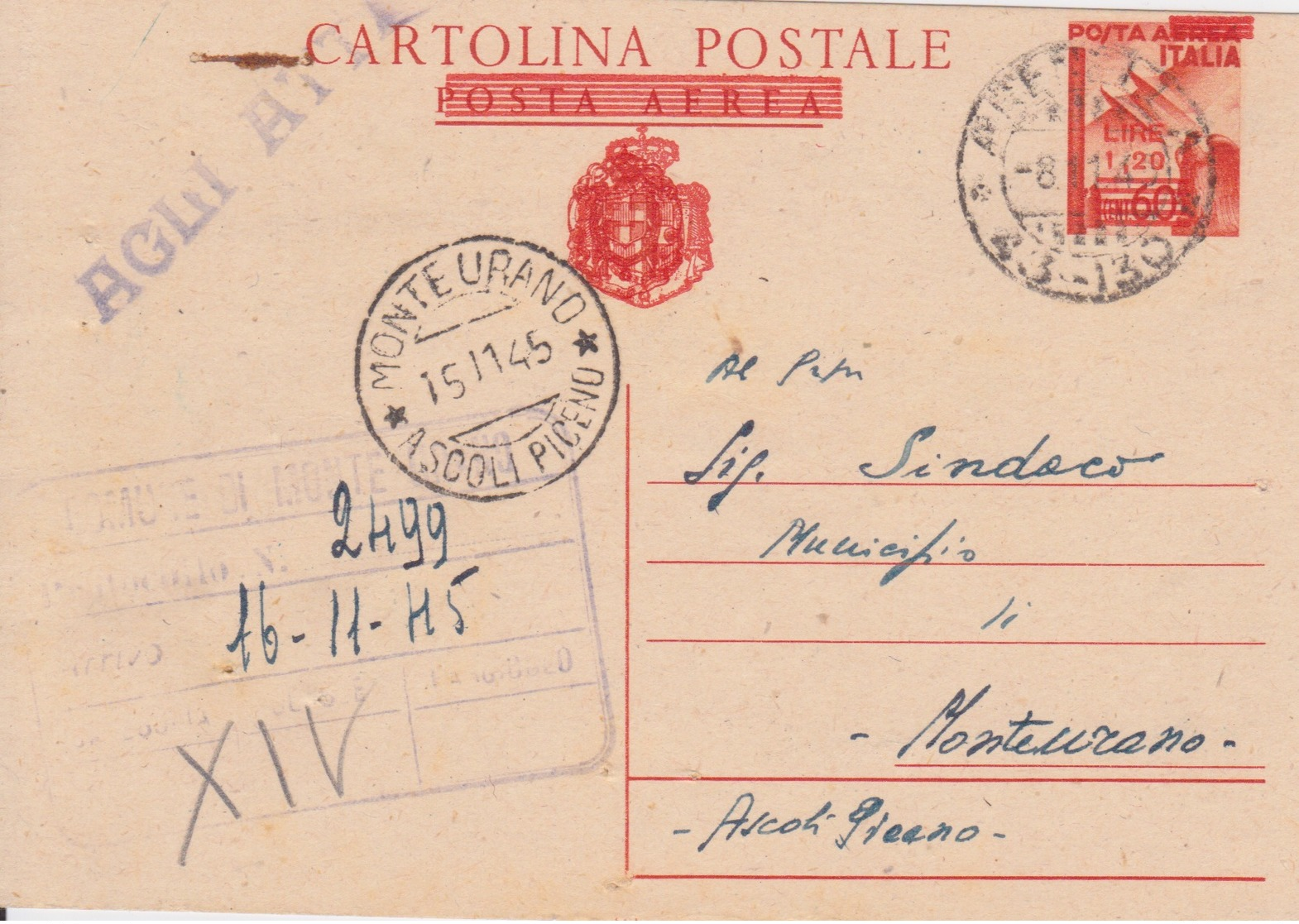 ITALIA 1945 - LUOGOTENENZA - CARTOLINA POSTALE DA L.1,20/60C. - VIAGGIATA - - Altri & Non Classificati