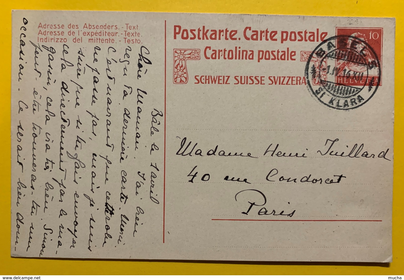 9657 -  Entier Postal Tell 10 Ct Rouge Basel 1.04.1916 Pour Paris - Interi Postali