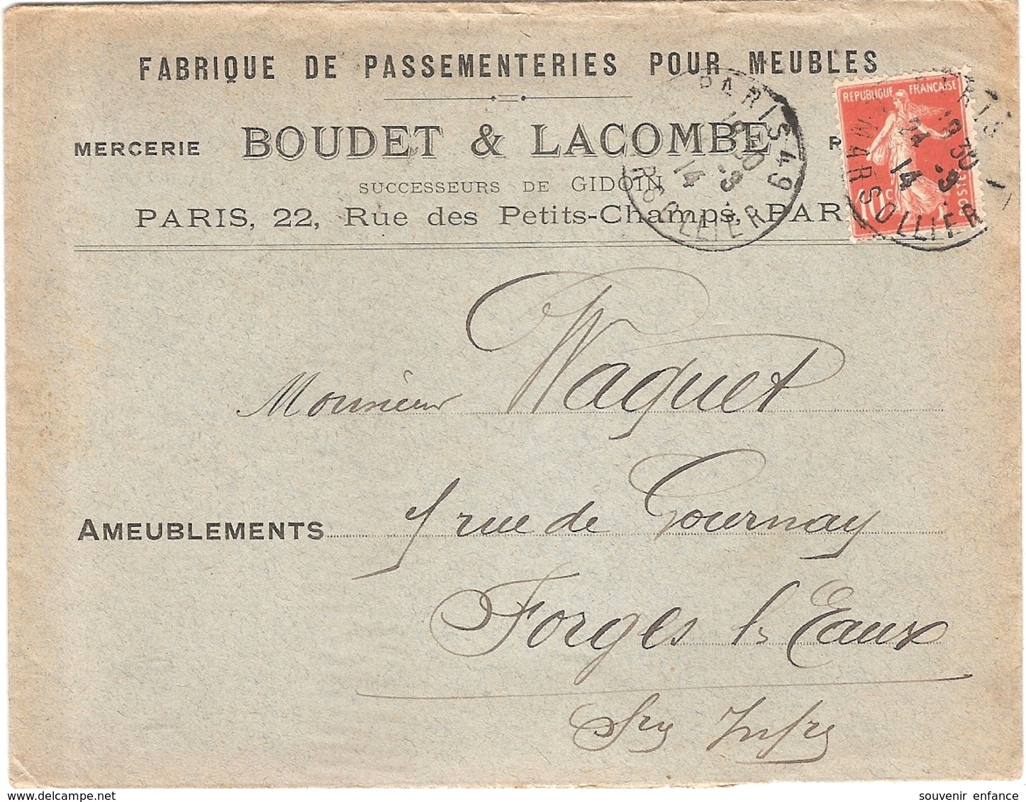 Enveloppe Mercerie Boudet Lacombe Passementeries Pour Meubles 22 Rue Des Petits Champs Paris 75 - 1921-1960: Période Moderne