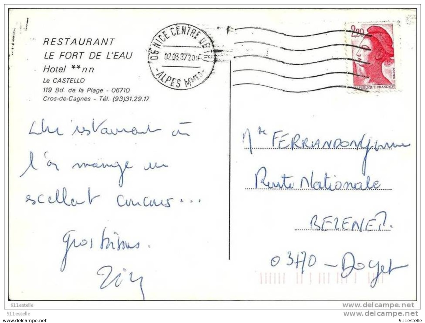 06 CROS  De  CAGNES -  Restaurant   LE FORT DE L' EAU ( Voir Verso ) - Autres & Non Classés