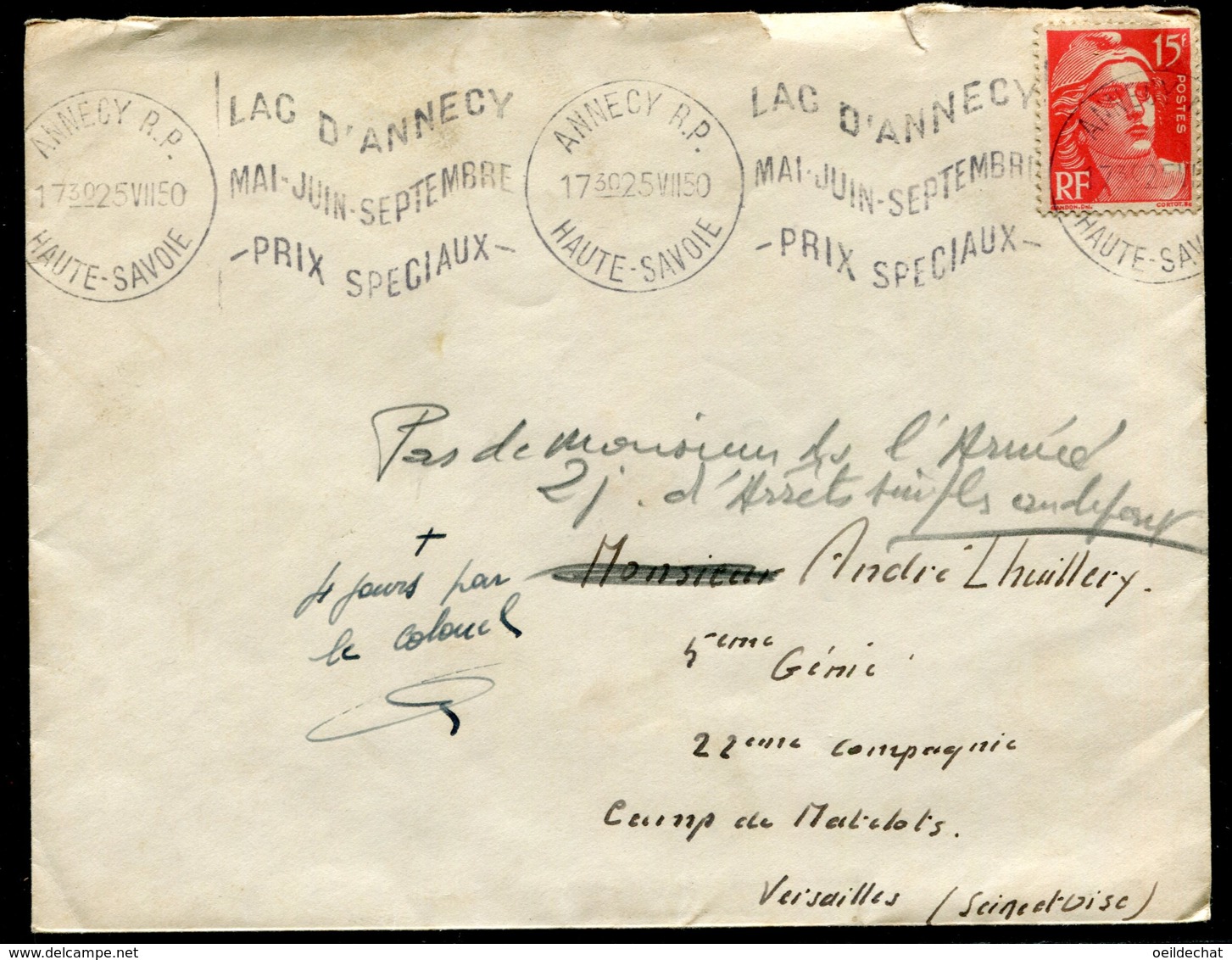 16087 FRANCE N°813° 15F Rouge  Flamme : Lac D'Annecy Mai-Juin-Septembre - Prix Spéciaux  1950  B/TB - Oblitérations Mécaniques (flammes)