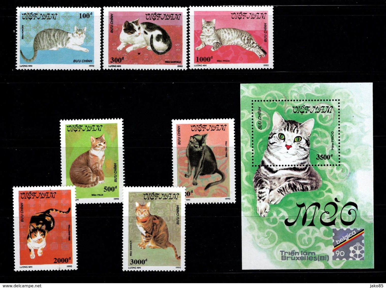 VIETNAM  - 1990 - Chats - YT N° 1094 / 1100 + Feuillet  56 - ** - Série Complète - Katten